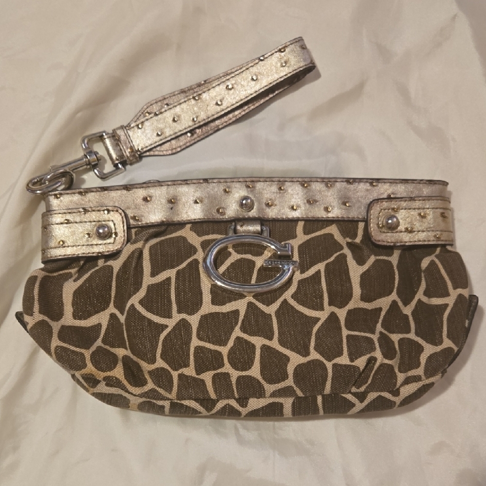 G by Guess Brown and Gold Clutch with Giraffe Print